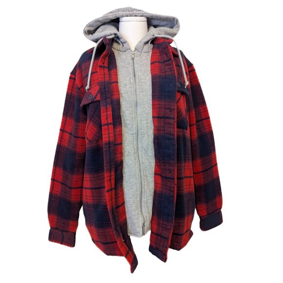 💫HOST PICK💫 Plaid Zara Jacket Hoodie Layered Red Navy Zip Up Size M Men's - Picture 5 of 9